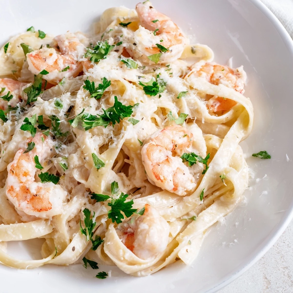 Steaming plate of homemade shrimp fettuccine Alfredo with lemon wedges and chopped parsley sprinkled on top