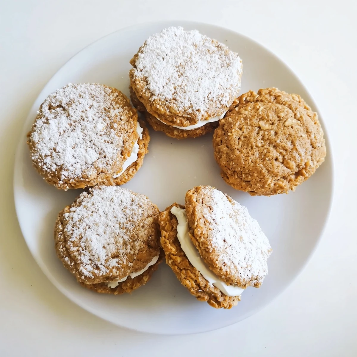 Close up of homemade oatmeal cream pies showing golden brown oatmeal cookies with white cream filling