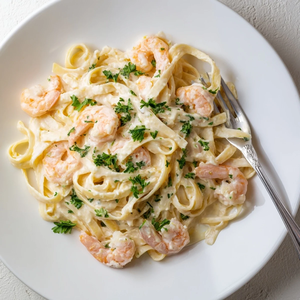 Creamy one pan shrimp fettuccine Alfredo with tender pink shrimp and parmesan sauce