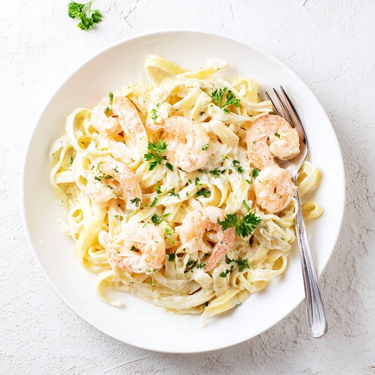 Savory one pan shrimp fettuccine Alfredo garnished with fresh parsley in a skillet