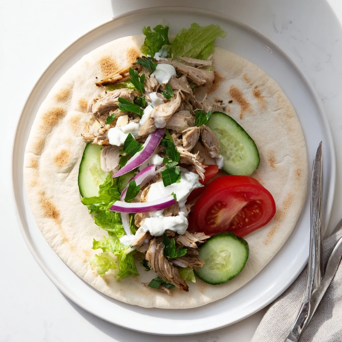 Sliced spiced chicken shawarma thighs layered with fresh lettuce tomatoes and creamy homemade garlic sauce in a soft flatbread wrap