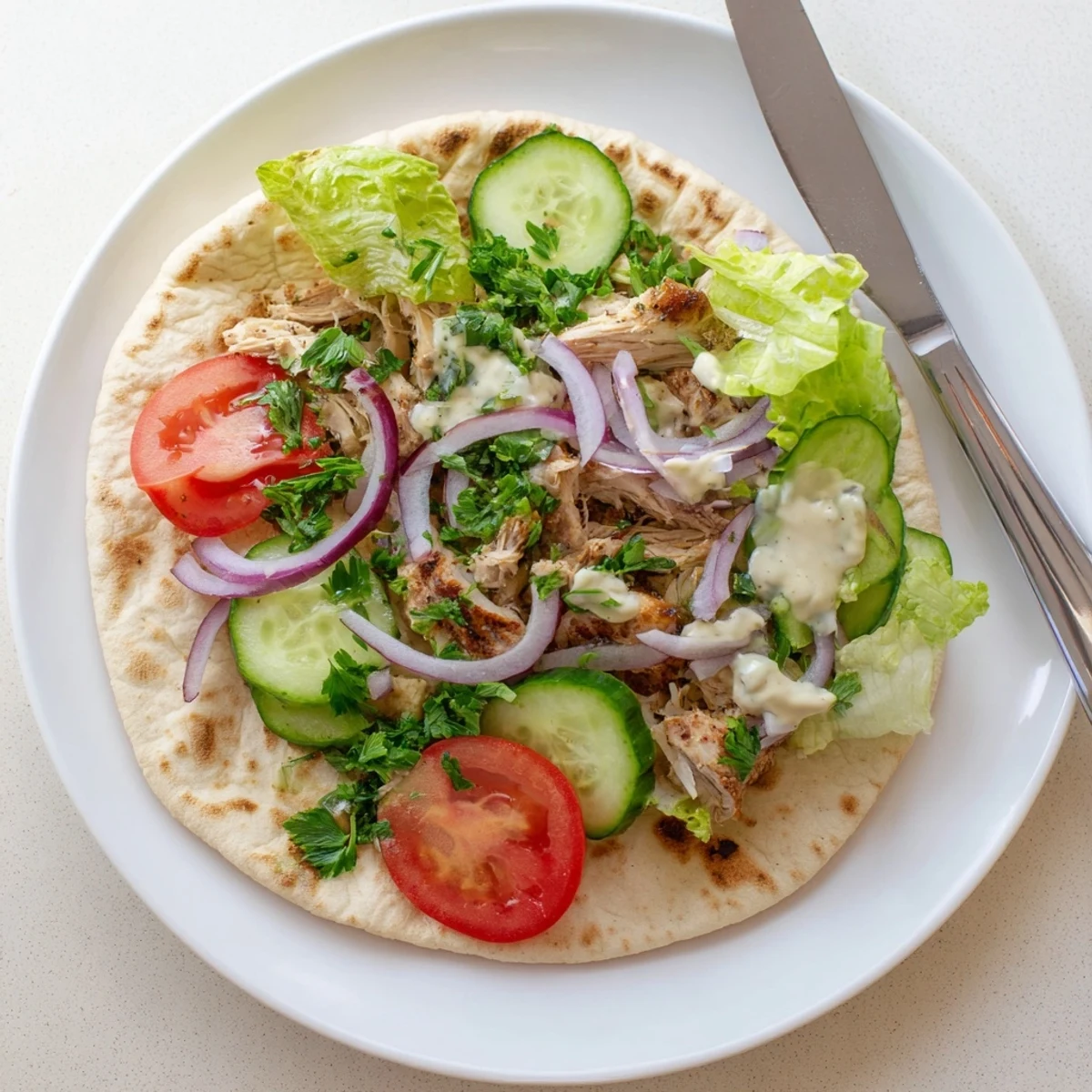 Mouthwatering chicken shawarma sandwich bursting with marinated meat pickled onions and rich white sauce garnished with fresh parsley