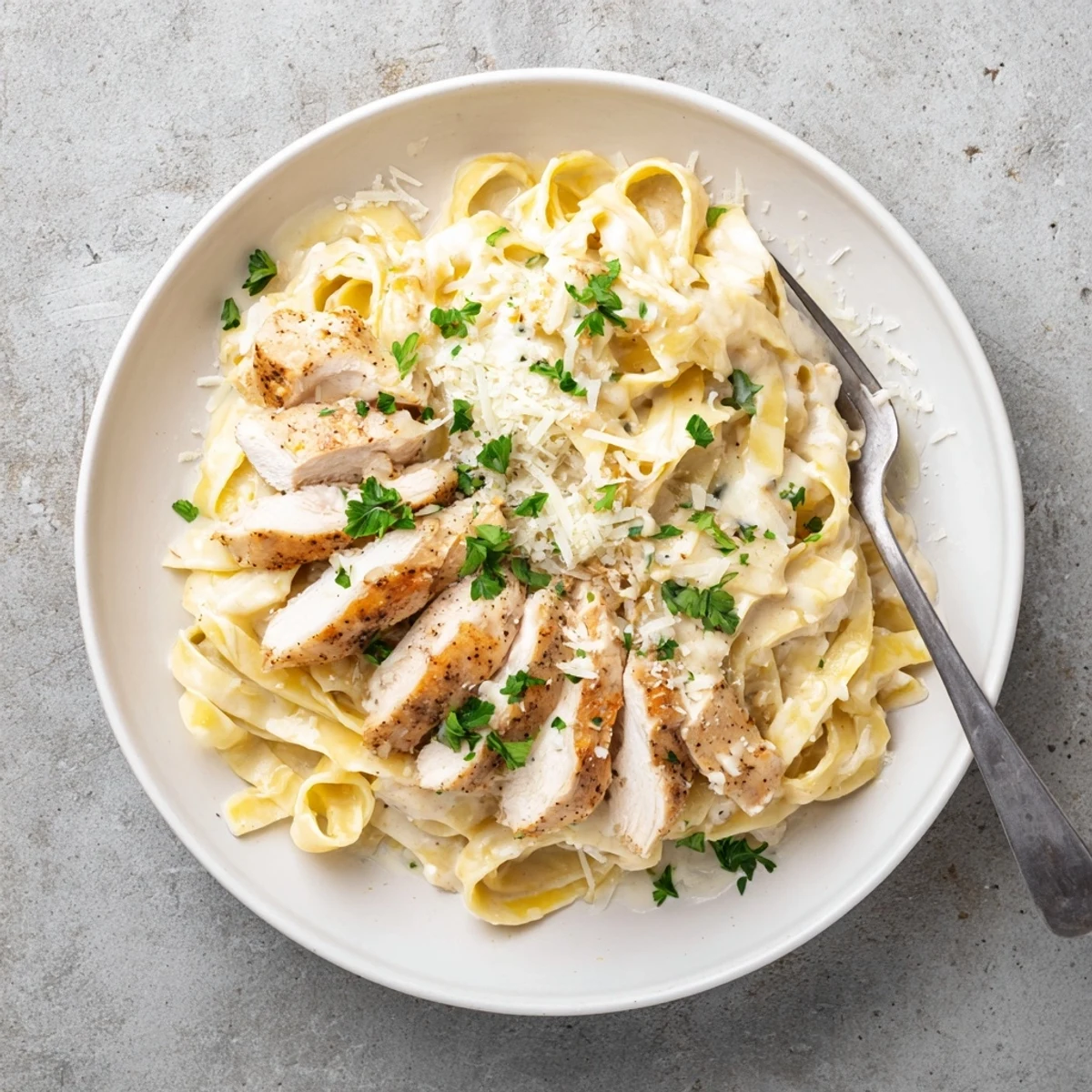Creamy chicken alfredo pasta featuring sliced chicken breast over fettuccine coated in rich Parmesan sauce garnished with fresh parsley.
