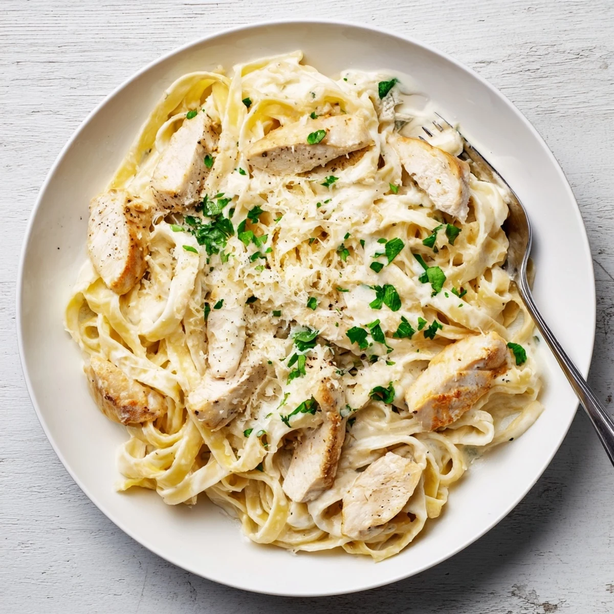 Homemade chicken alfredo pasta displaying tender chicken pieces mixed with fettuccine noodles in a decadent creamy cheese sauce.
