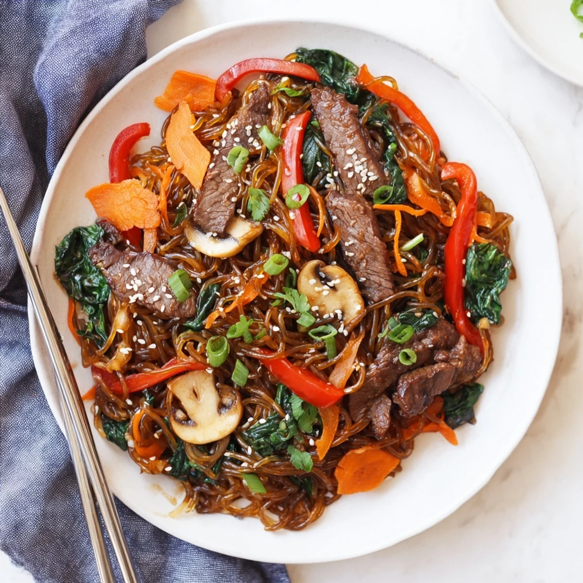 Steaming bowl of Korean beef noodles with tender beef slices, colorful vegetables, and chewy sweet potato noodles coated in savory-sweet gochujang sauce