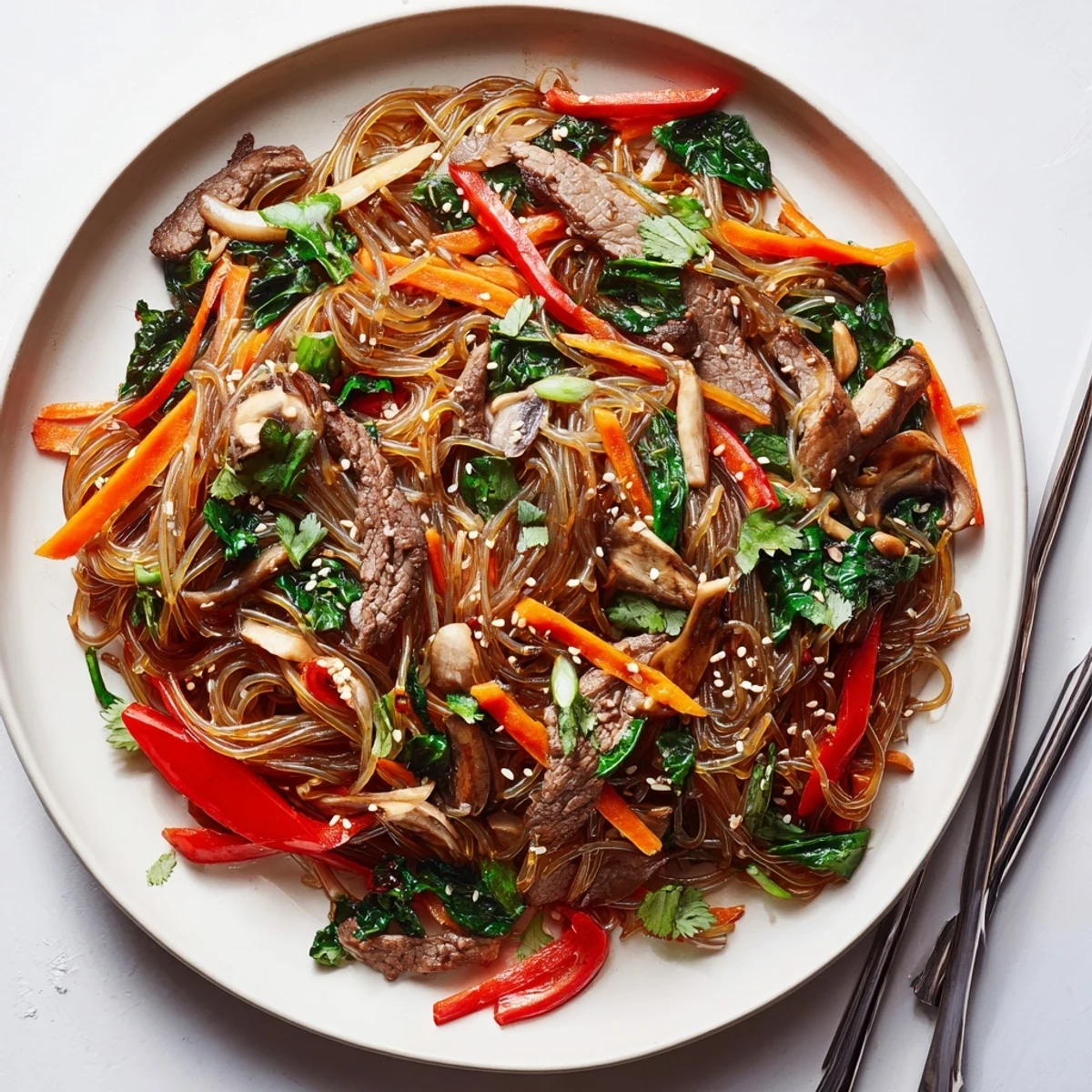 Close-up of Korean beef noodles featuring marinated beef, bell peppers, carrots, and spring onions tossed in a spicy sesame sauce