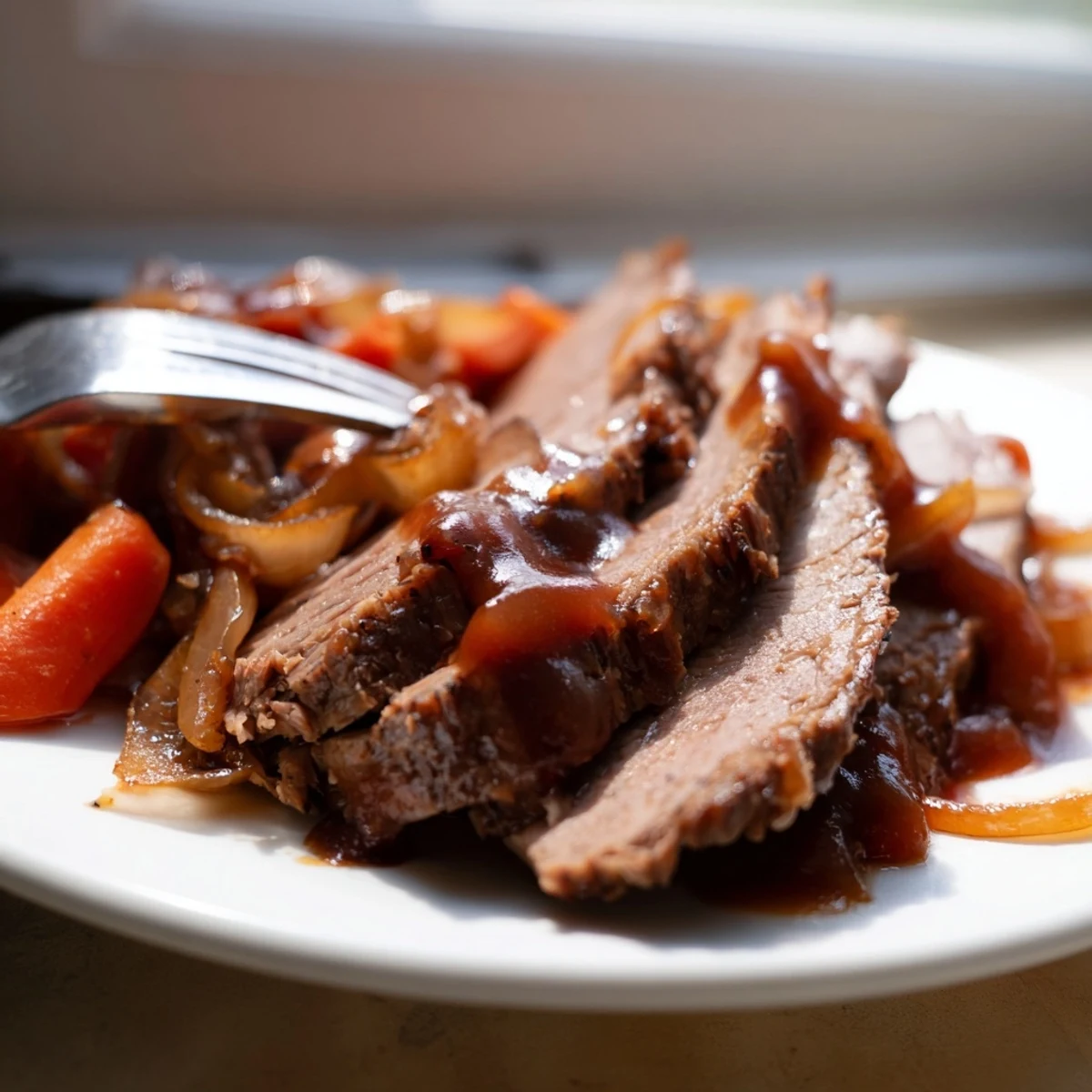 Tender beef brisket slow-cooked for eight hours until fork-tender with caramelized onions and carrots
