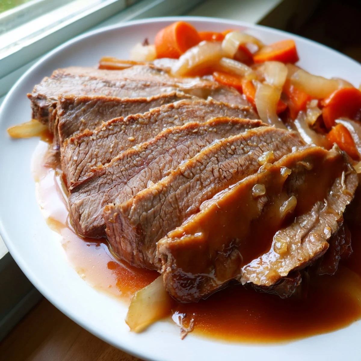 Plate of juicy slow cooker beef brisket slices topped with glossy homemade barbecue-style sauce