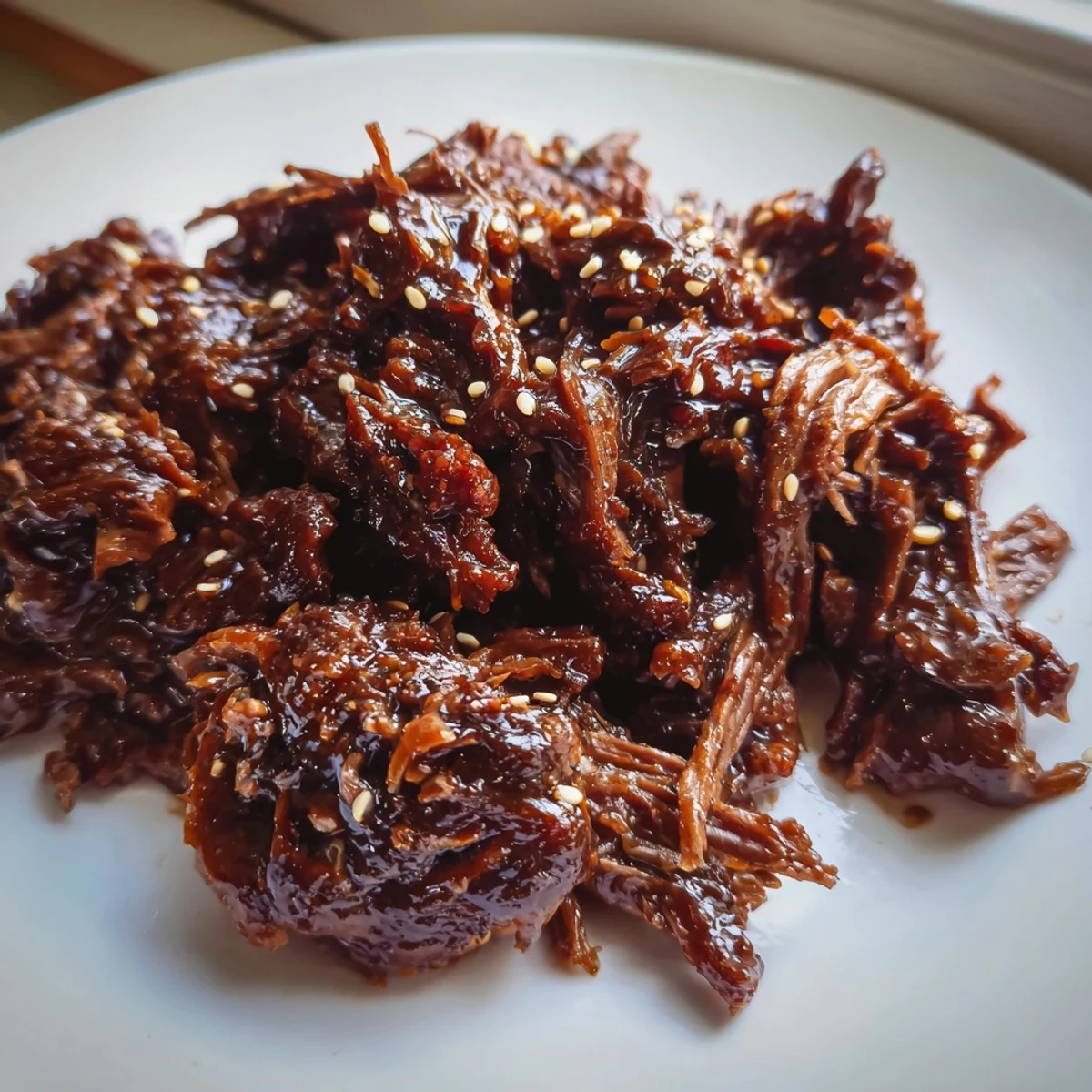 Tender slow cooker Korean beef served over fluffy white rice with sesame seeds and sliced scallions.