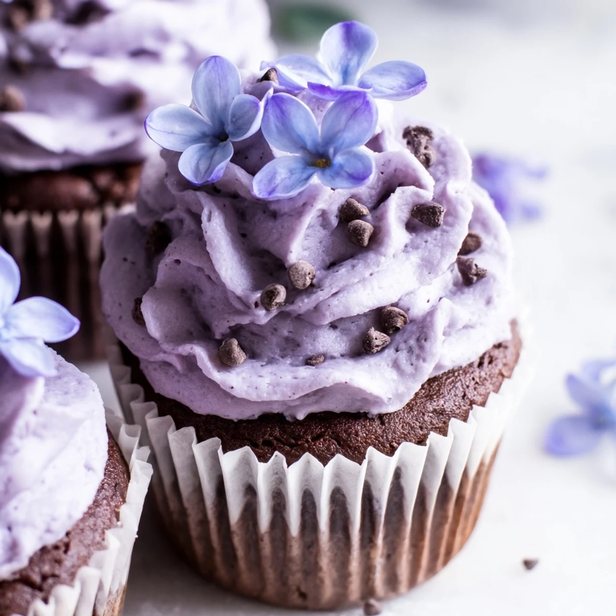 Six miniature lilac chocolate cupcakes with swirled frosting and edible flower garnish