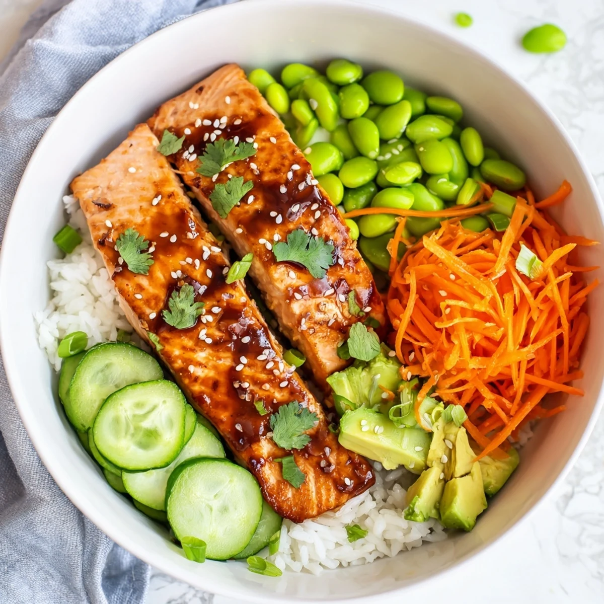 Golden honey glazed salmon bowl with fluffy rice, avocado, and colorful fresh vegetables