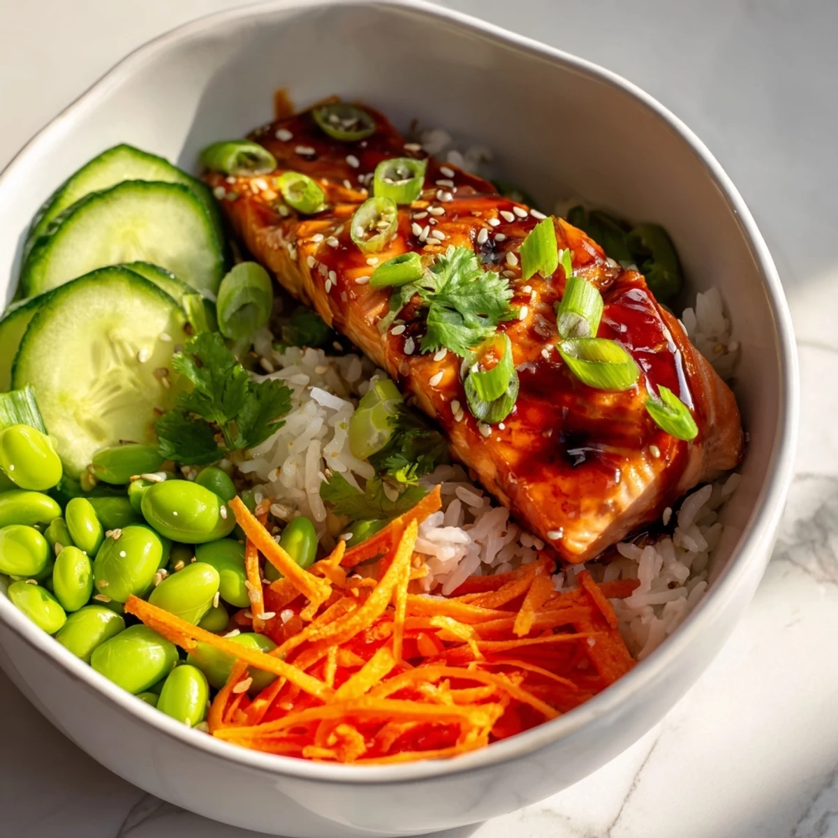Succulent honey glazed salmon fillet served over a nutritious rice bowl with crunchy toppings