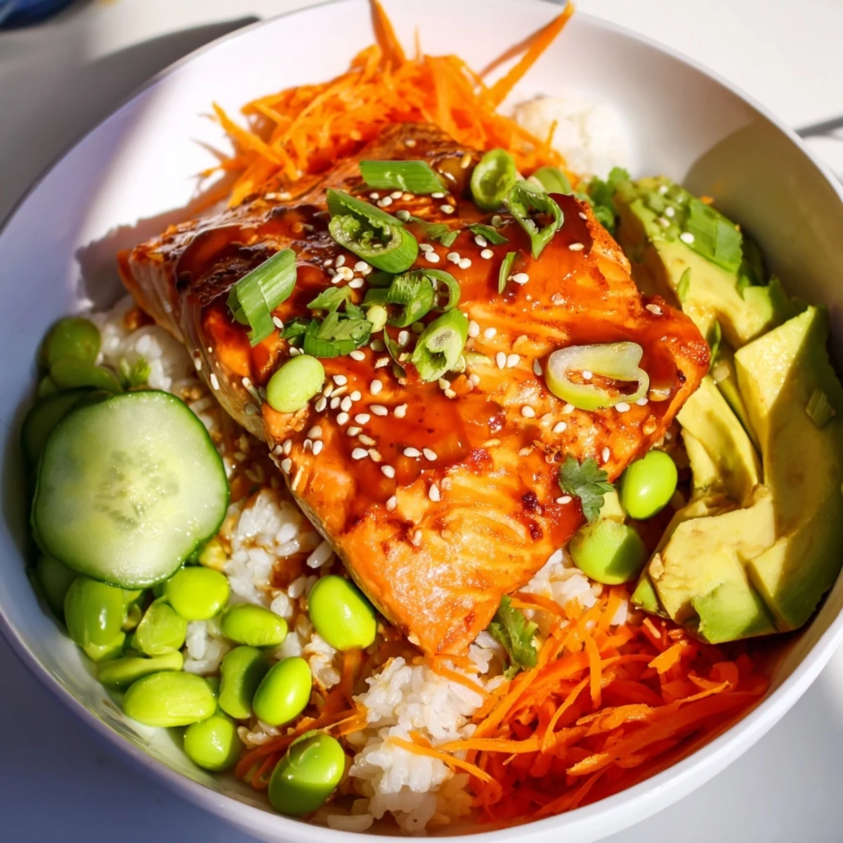 Vibrant honey glazed salmon bowl featuring tender fish, edamame, and cucumber slices