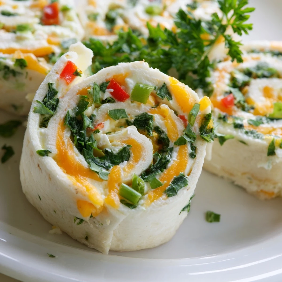 Cream cheese pinwheels arranged on a serving platter, showcasing spirals of colorful vegetables and creamy filling