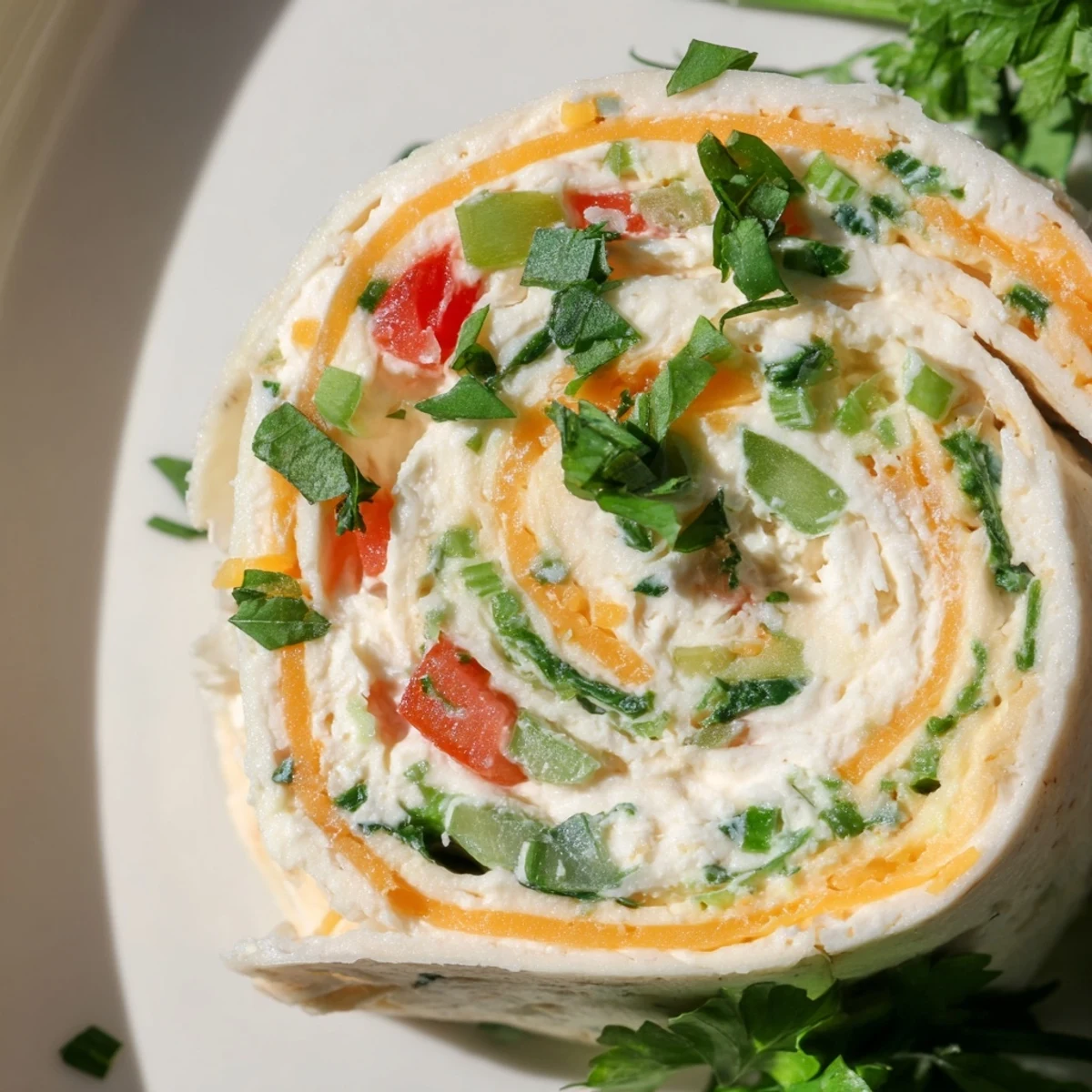 Savory cream cheese pinwheels sliced into rounds, revealing layers of cheddar, peppers, and green onions inside soft tortillas