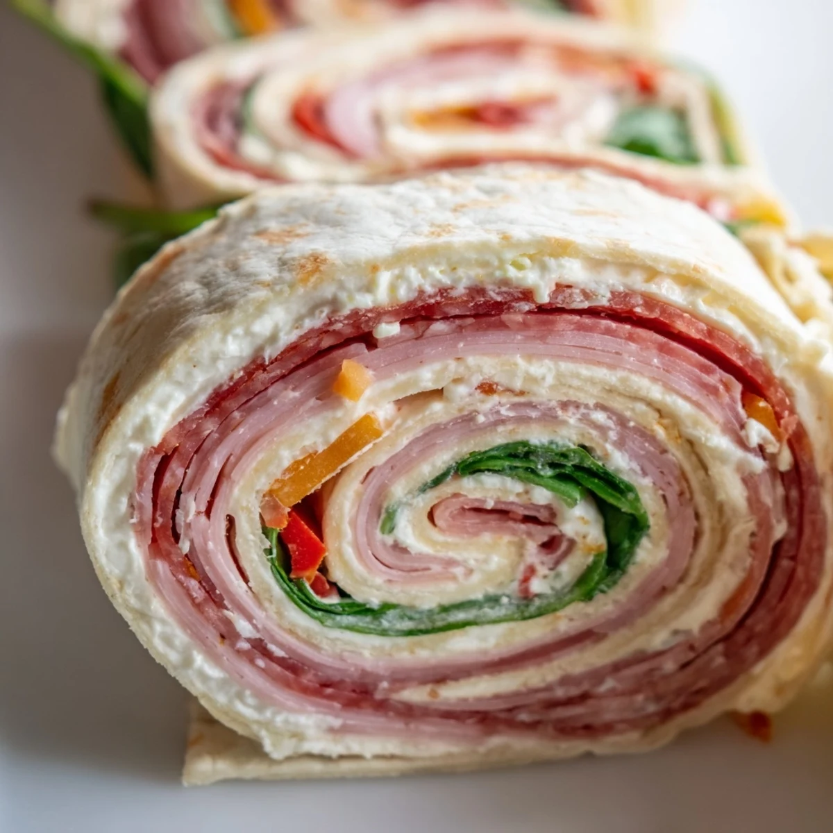 Spiral Italian pinwheel appetizers showcasing colorful layers of salami, ham, pepperoni, and cream cheese on a serving platter