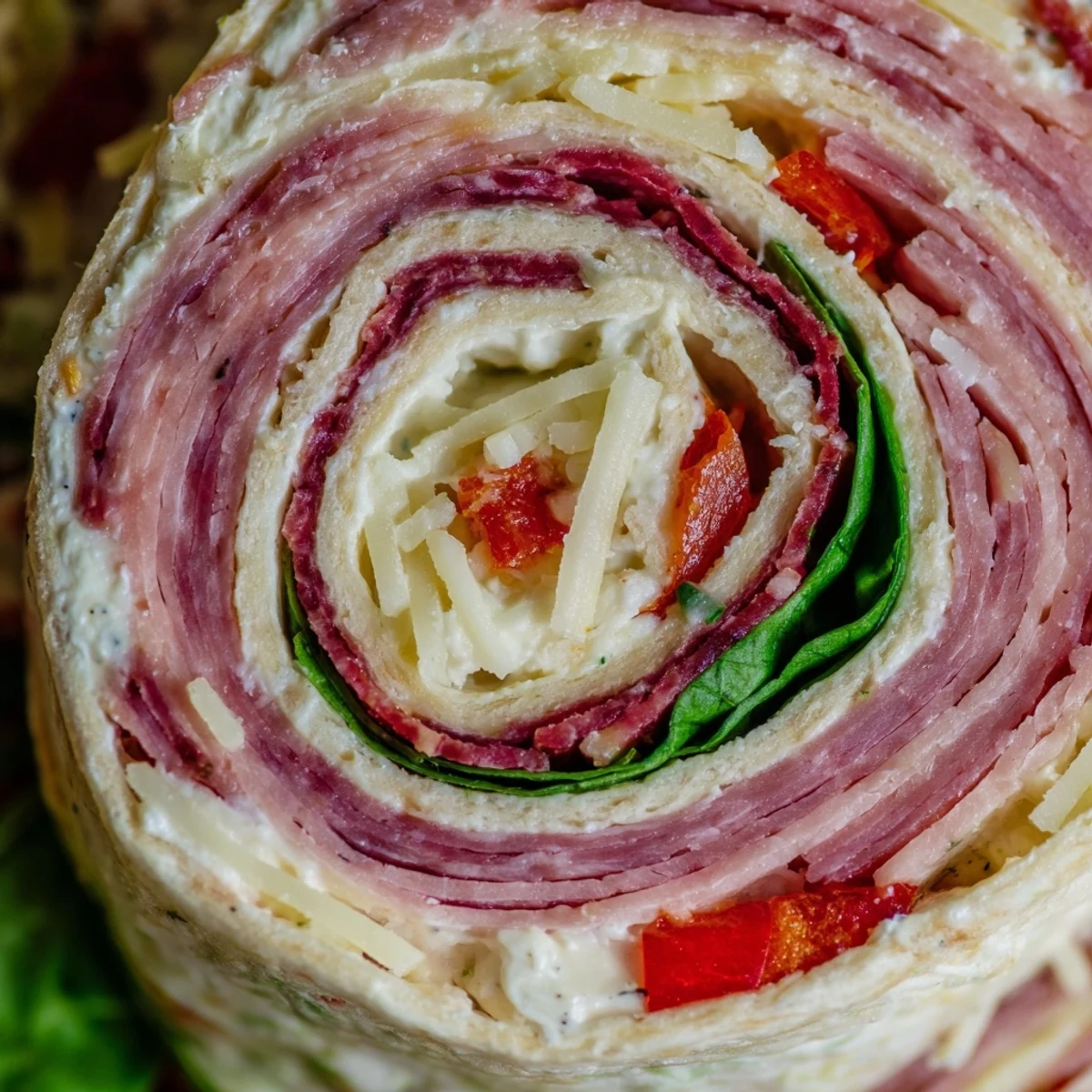 Tightly rolled tortilla pinwheels filled with deli meats, roasted red peppers, melted provolone, and fresh baby spinach