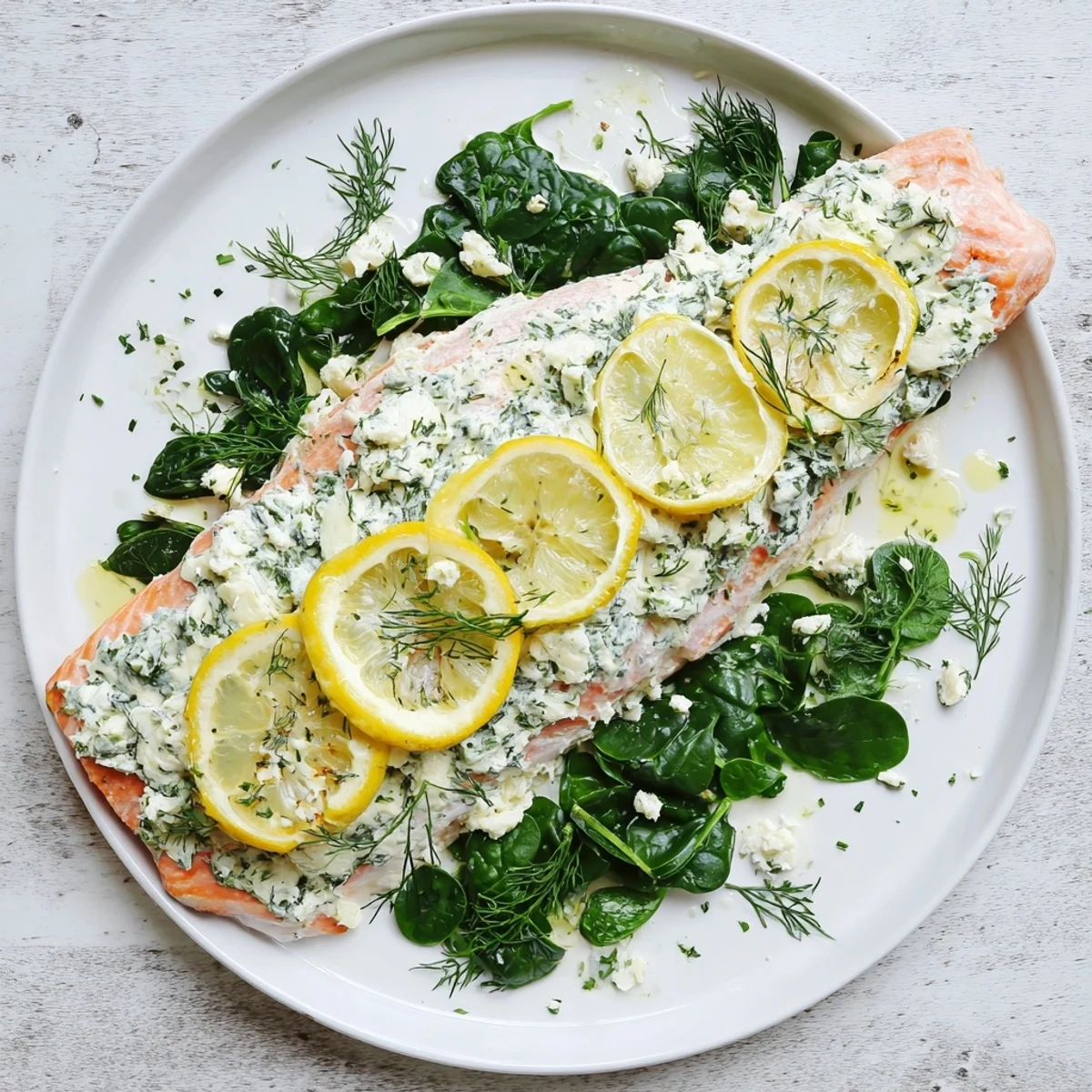Flaky salmon baked with garlicky Boursin cheese spread and tender spinach on a white plate