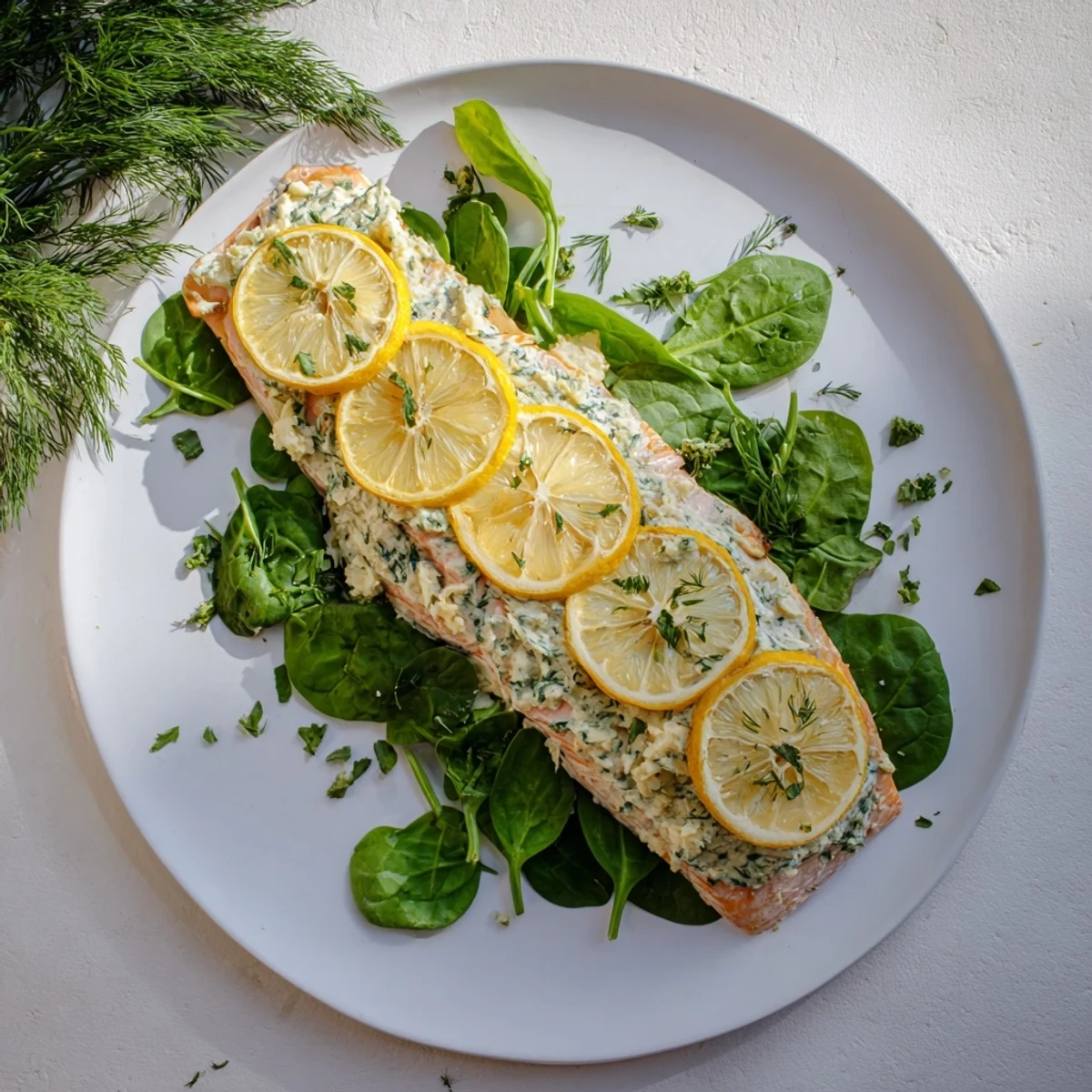 Creamy Boursin topped salmon roasted with lemon slices and fresh dill garnish on a baking sheet