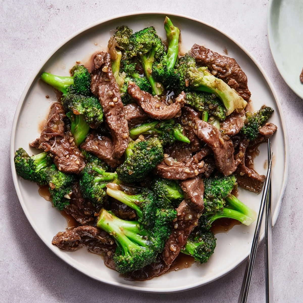 Rich beef and broccoli stir fry sauce coats tender beef strips and vibrant green florets