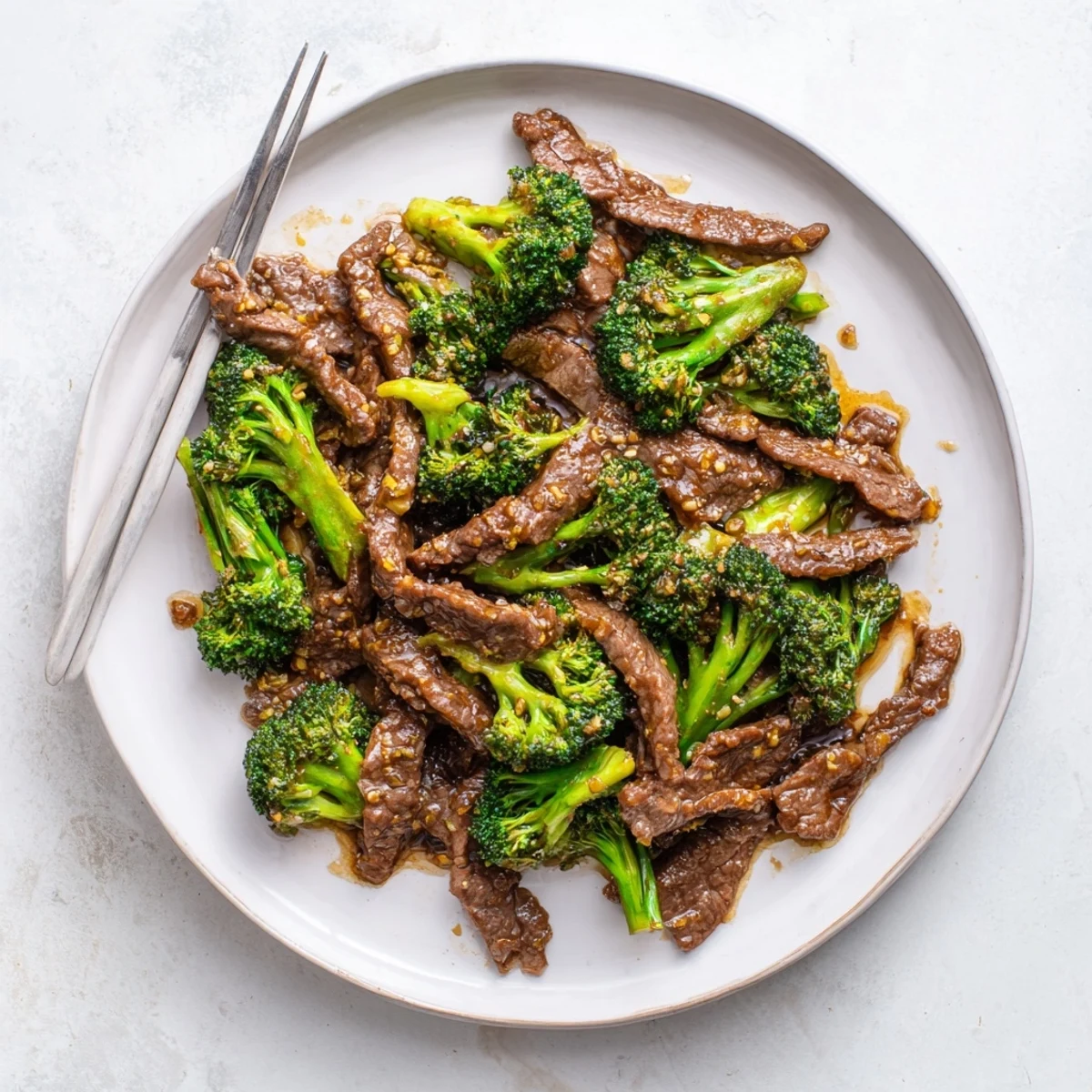 Dark savory beef and broccoli stir fry sauce bubbling in a wok with beef and broccoli