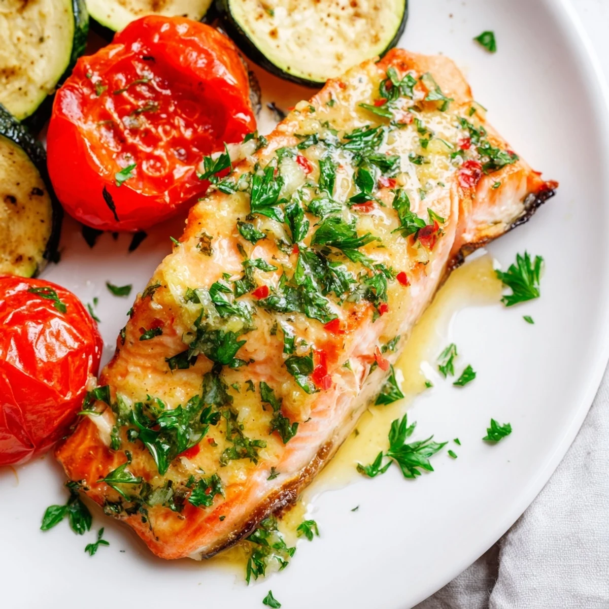 Complete weeknight dinner featuring salmon with baby potatoes tomatoes and zucchini in buttery lemon sauce