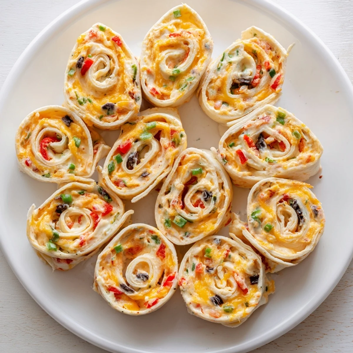 Spiral sliced easy tortilla pinwheels featuring red bell pepper bits and cheddar throughout the soft flour wraps