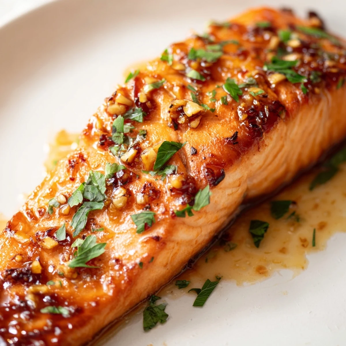 Golden pan-seared salmon fillets coated in sticky honey garlic glaze with fresh parsley garnish