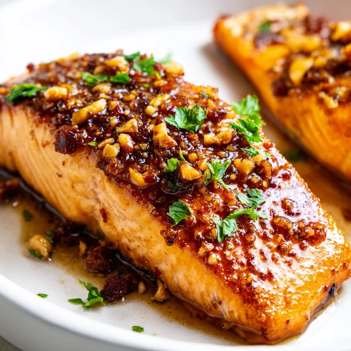 Crispy honey garlic glazed salmon drizzled with savory sweet sauce on white dinner plate