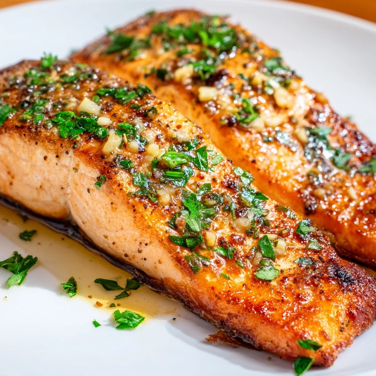 Weeknight dinner featuring honey garlic glazed salmon with caramelized edges and lemon wedges