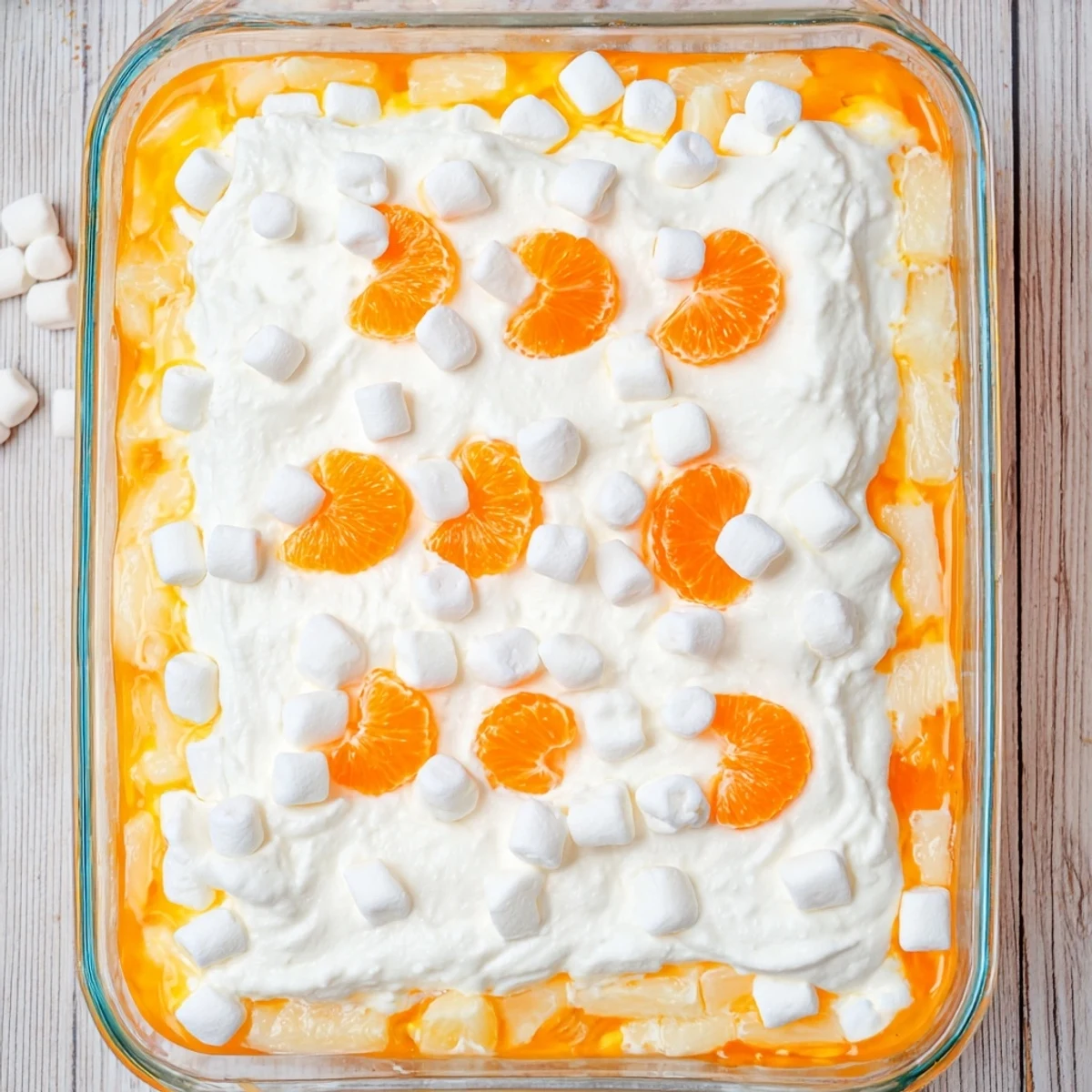 Festive Easter orange jello salad with mandarin oranges and fluffy white cream topping in glass dish