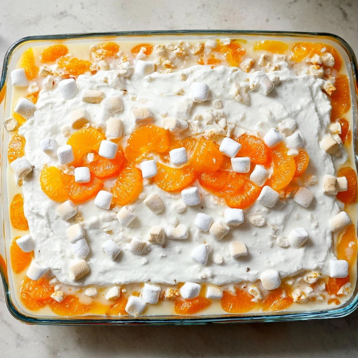 Creamy orange gelatin salad layered with crushed pineapple and marshmallows for holiday gatherings