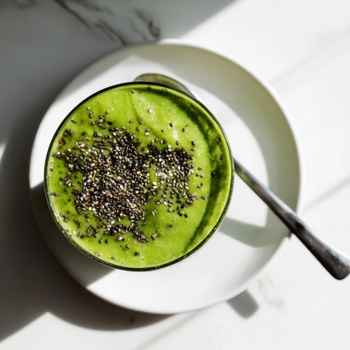 Thick creamy banana matcha smoothie blended with ice in clear glasses showing vibrant green color