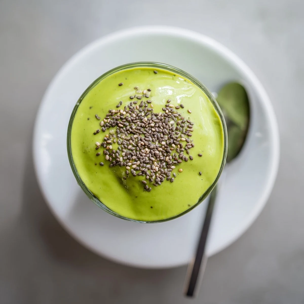 Fresh blended banana matcha smoothie with chia seeds and ice cubes in tall glass for breakfast