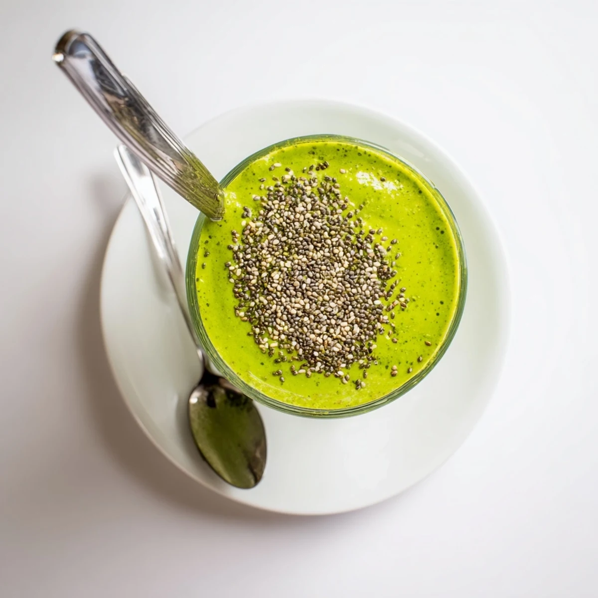 Two poured glasses of energizing banana matcha smoothie topped with frothy green foam on wooden surface