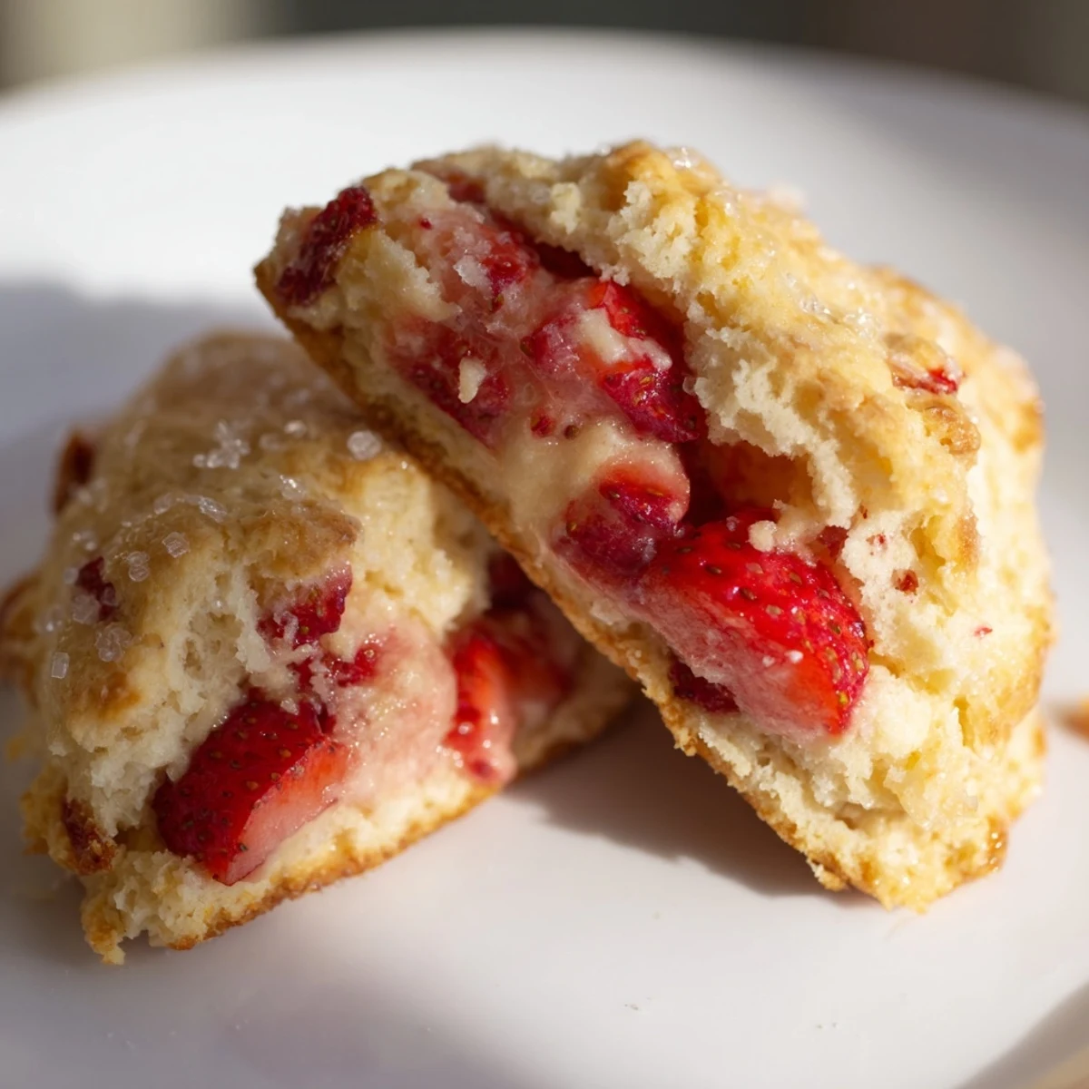 Fresh strawberry pieces peek through golden flaky strawberries and cream scones brushed with cream