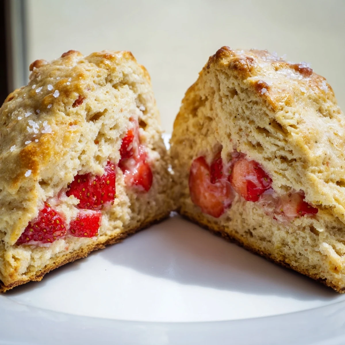 Golden brown strawberries and cream scones sprinkled with coarse sugar on a wire cooling rack