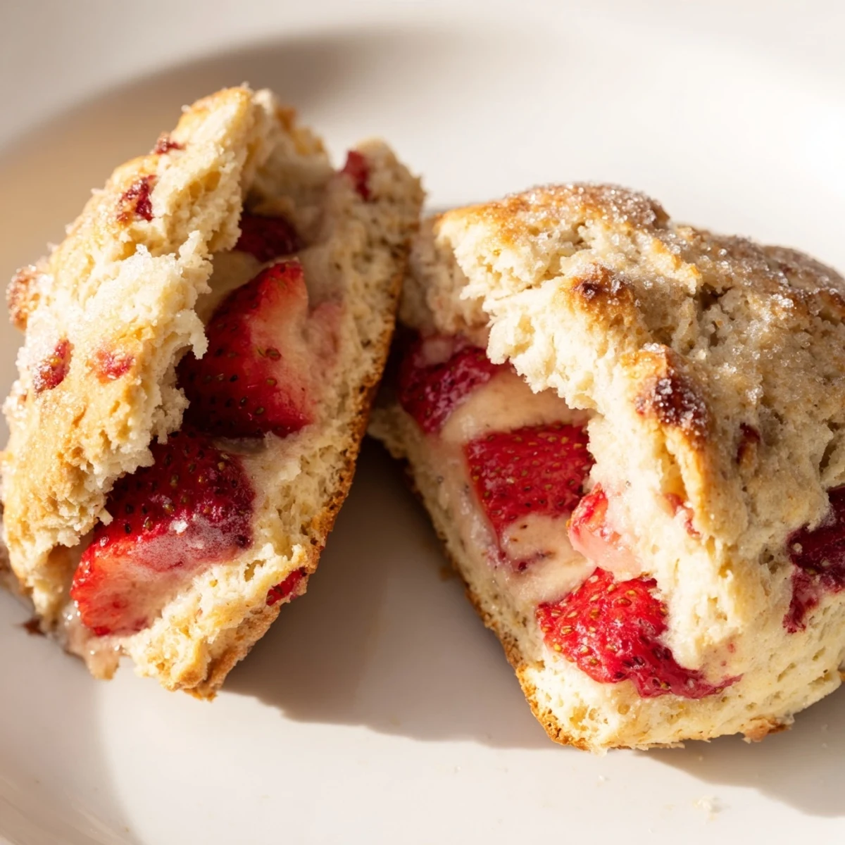 Tender homemade strawberries and cream scones with red fruit bits on a parchment-lined baking sheet