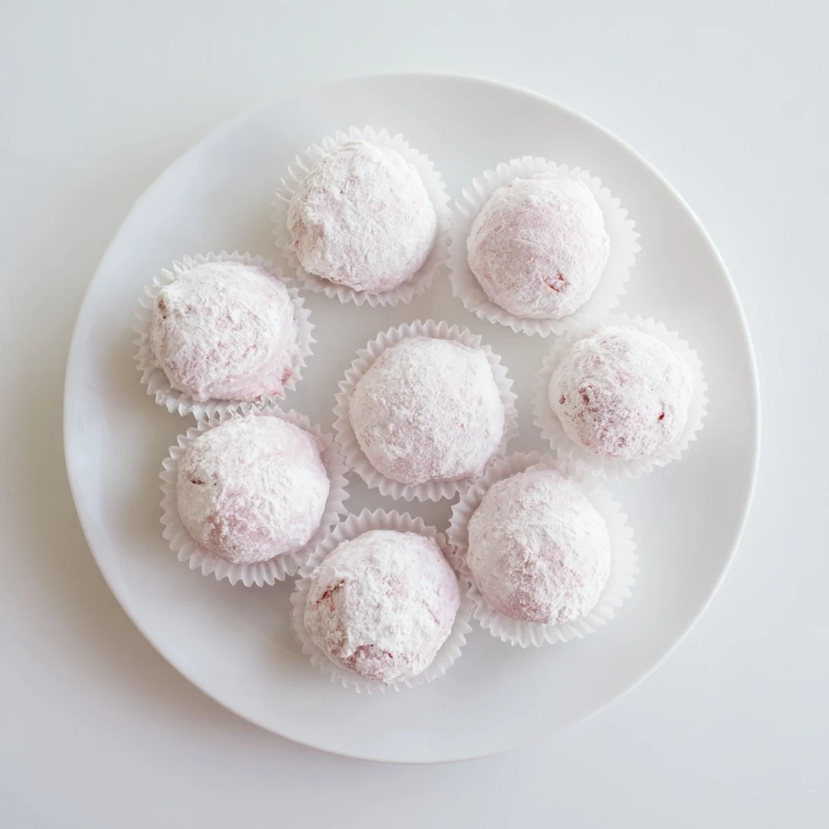 Soft pink vegan strawberry mochi ice cream balls dusted with white powder on wooden board