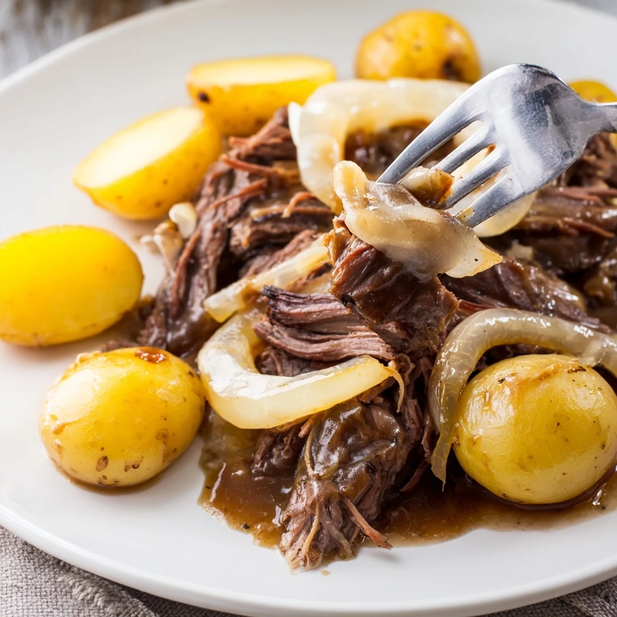 Succulent slow-cooked French onion pot roast served with baby potatoes and carrots in savory beef broth