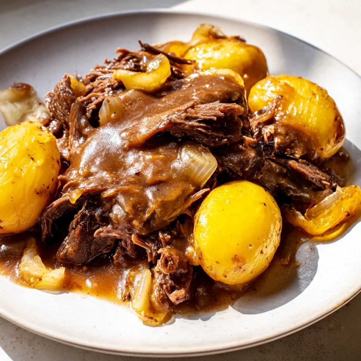Fork-tender French onion pot roast braised with sweet onions and garnished with fresh parsley and cheese