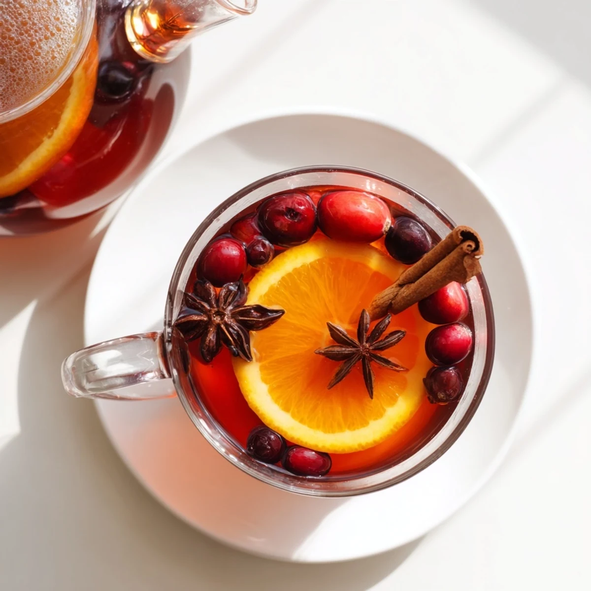 Steaming cup of orange cranberry tea garnished with fresh orange slices and floating cranberries