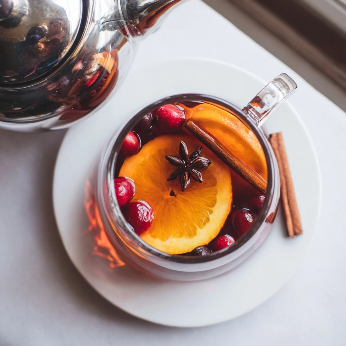 Warm orange cranberry tea served in white mug with cranberry and orange wheel garnish