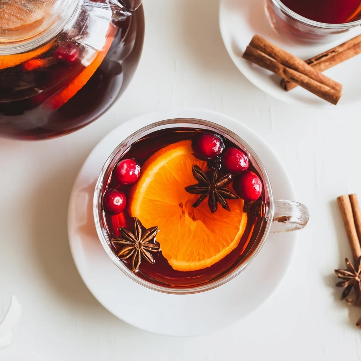 Glass pitcher of spiced orange cranberry tea infused with cinnamon sticks and star anise