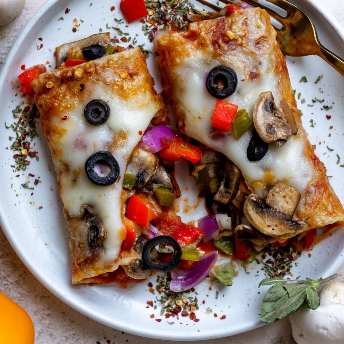 Hand-rolled rice paper pizza rolls sizzling in a skillet with bubbling cheese and pepper flakes