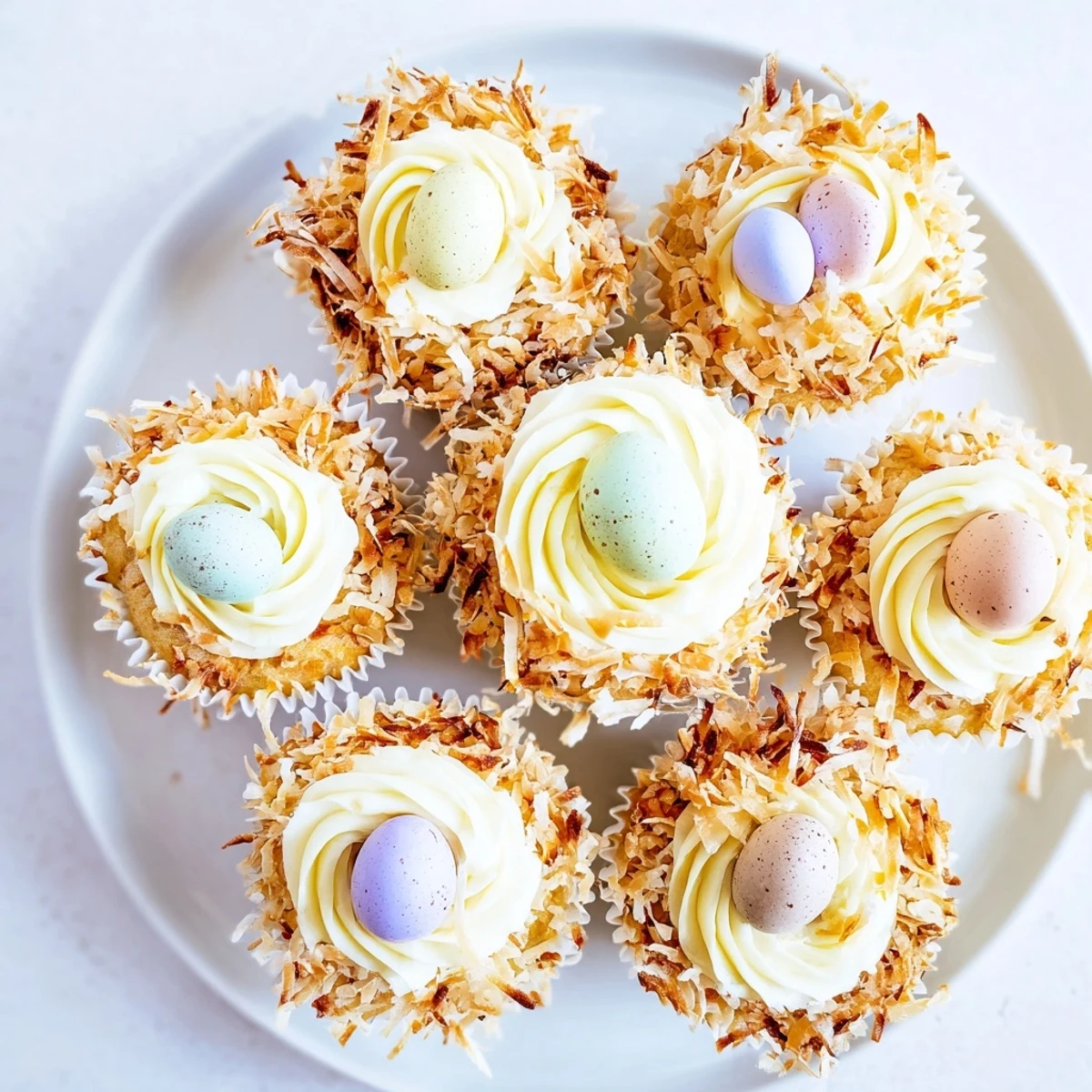 Coconut nest cupcakes with chocolate eggs featuring fluffy vanilla cakes topped with coconut frosting