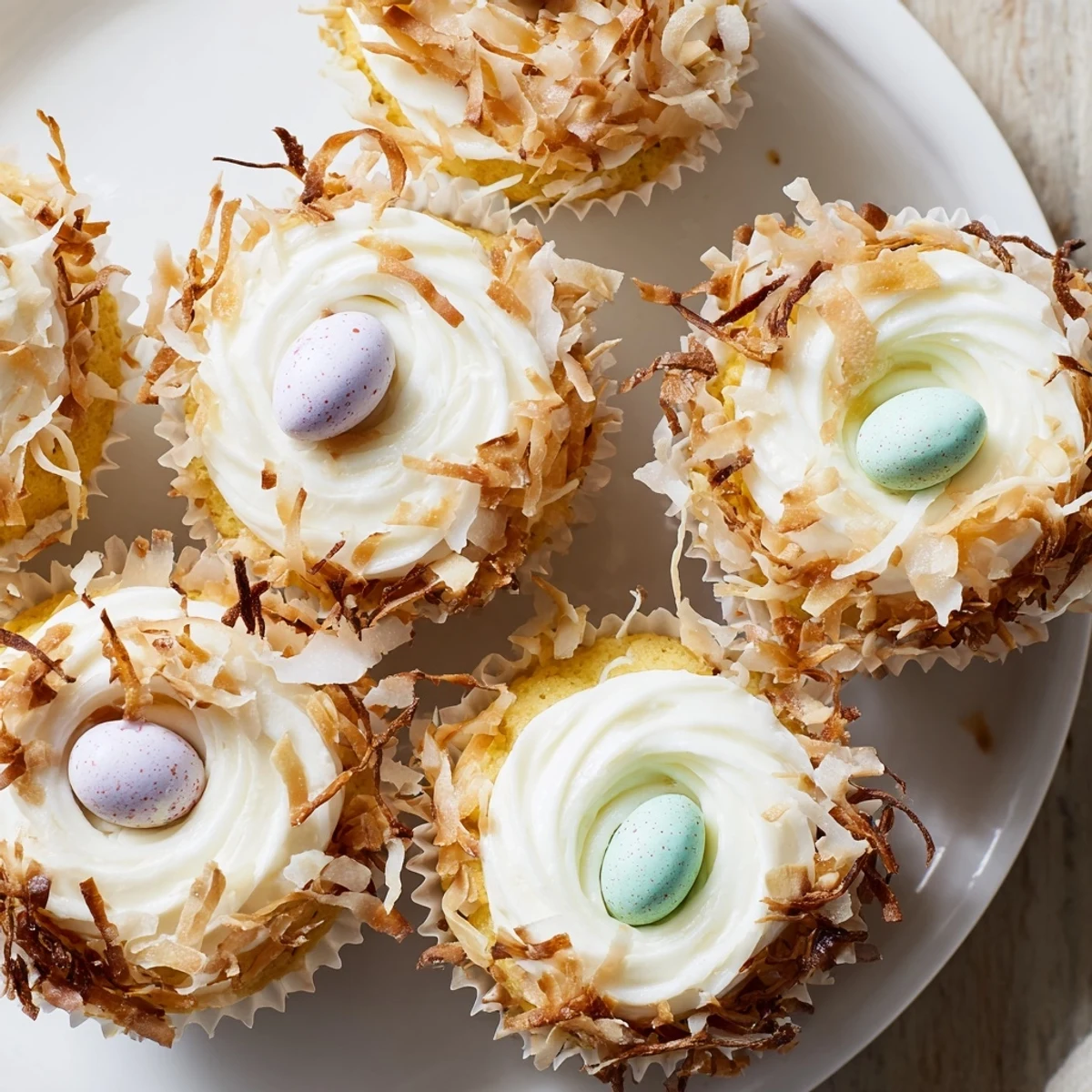 Easter coconut nest cupcakes displaying toasted coconut nests filled with colorful mini chocolate eggs
