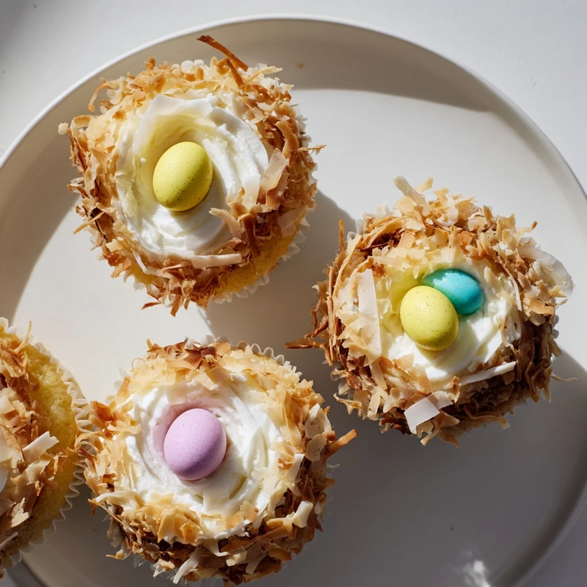 Coconut nest cupcakes with chocolate eggs arranged on a serving platter for spring celebrations