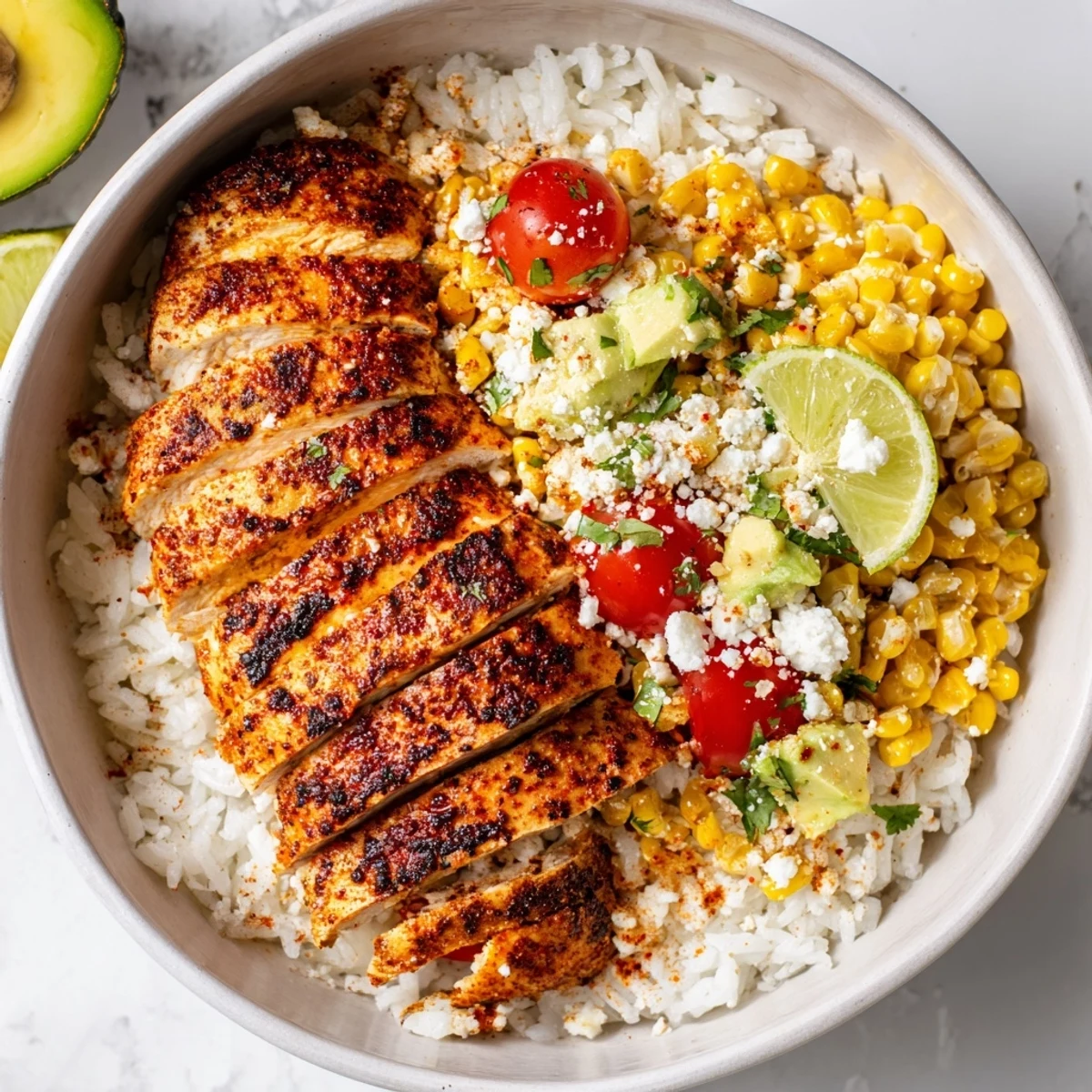 Golden street corn chicken and rice bowls topped with creamy cotija and fresh avocado slices