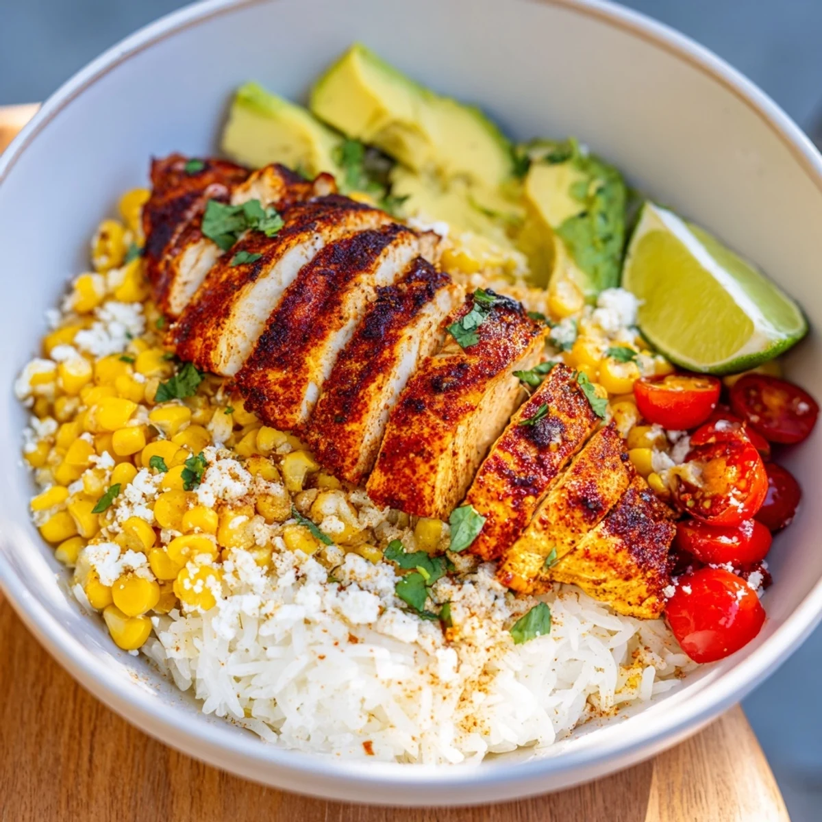Colorful street corn chicken and rice bowls featuring zesty lime crema and crisp cilantro